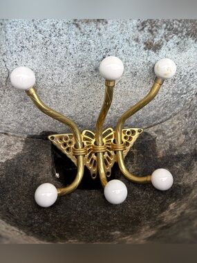 Vintage Brass Wall Hook Rack with Porcelain Knobs - Gold & White
